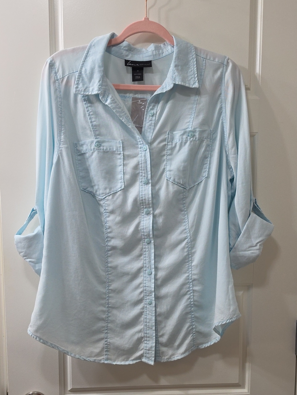 💙 Lane Bryant Light Blue Roll‑Tab Sleeve Button Front Top – Size 14 💙